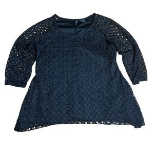 New Directions Black Floral Lace Overlay Top 3/4 Sleeve Size L